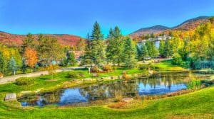 Image of trees, hills, and a pond during Autumn in Vermont