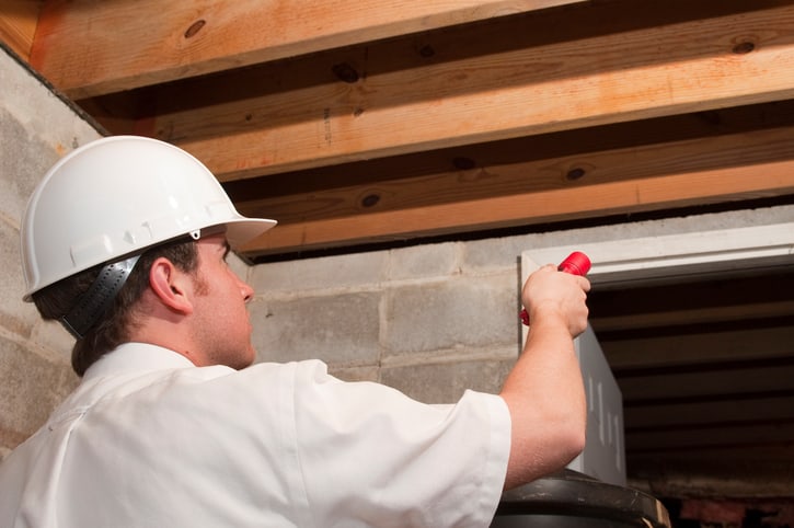 Image of a technician looking under a home for signs of termite damage after receiving a call from his pest control answering service