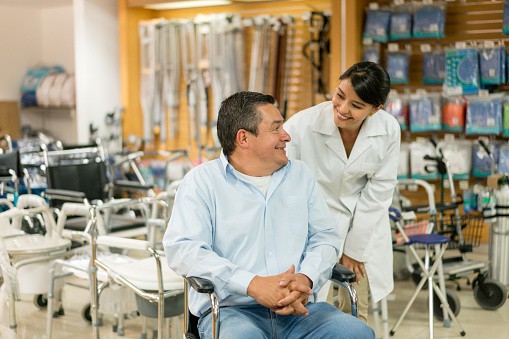 Image of a patient in a wheelchair after speaking with a medical equipment answering service