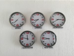 Image of five clocks on the wall keeping time at a 24x7 call center