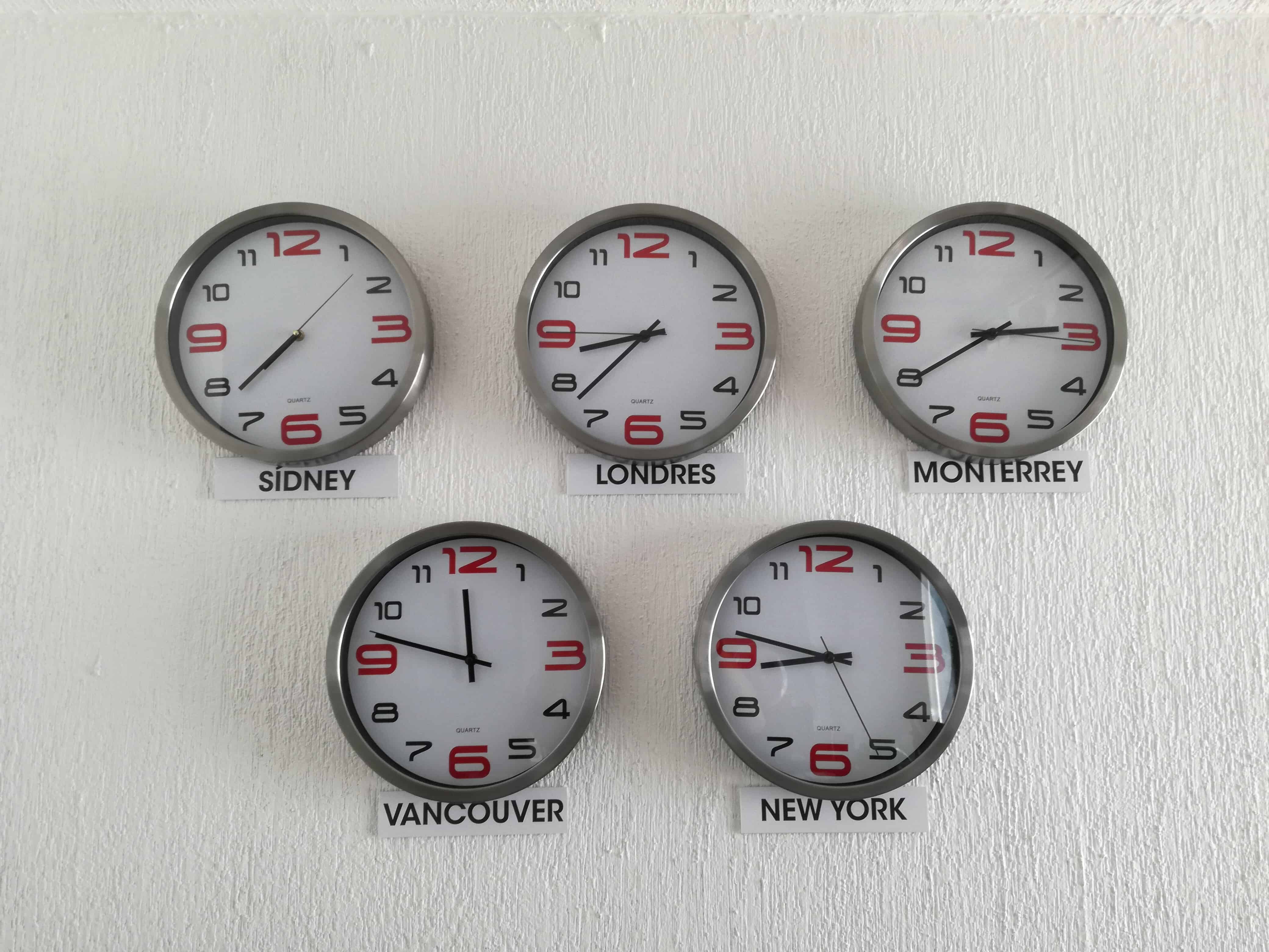Image of five clocks on the wall keeping time at a 24x7 call center