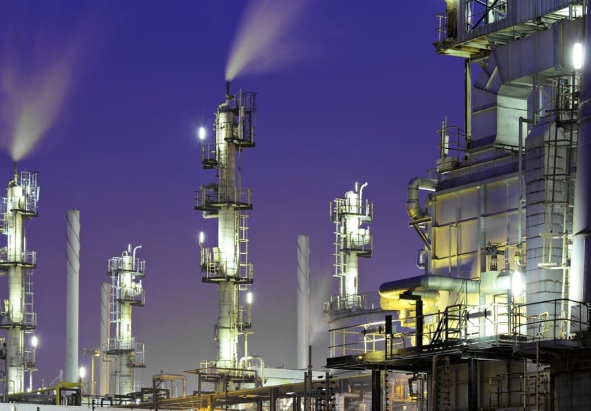 Image of an oil refinery that uses an answering service for oil and gas companies
