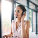 call center agent smiling while on call