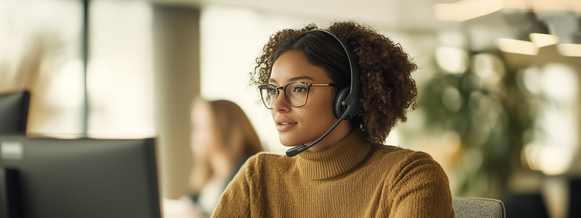 Female customer service representative wearing headset in modern call center office. Female customer service representative wearing headset in modern call center office.