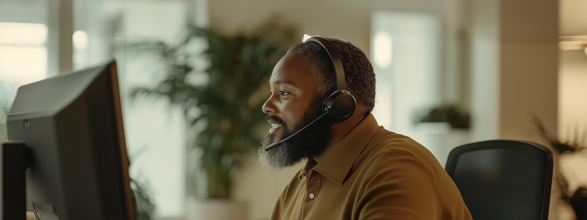Male customer support agent wearing headset, working at desktop computer in modern office environment