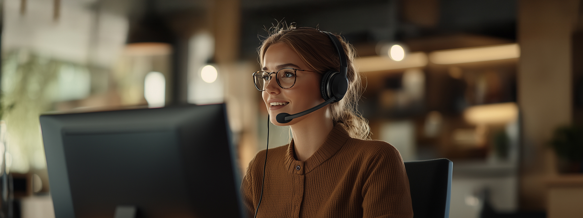 Female customer service representative wearing headset in modern call center office.