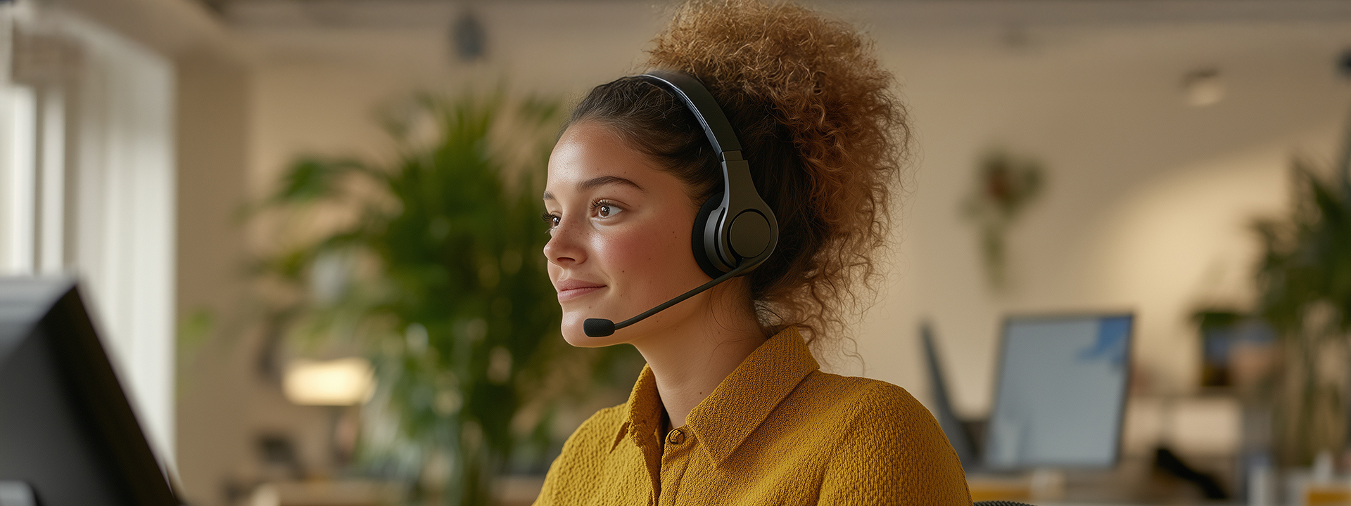 Female customer service representative wearing headset in modern call center office.