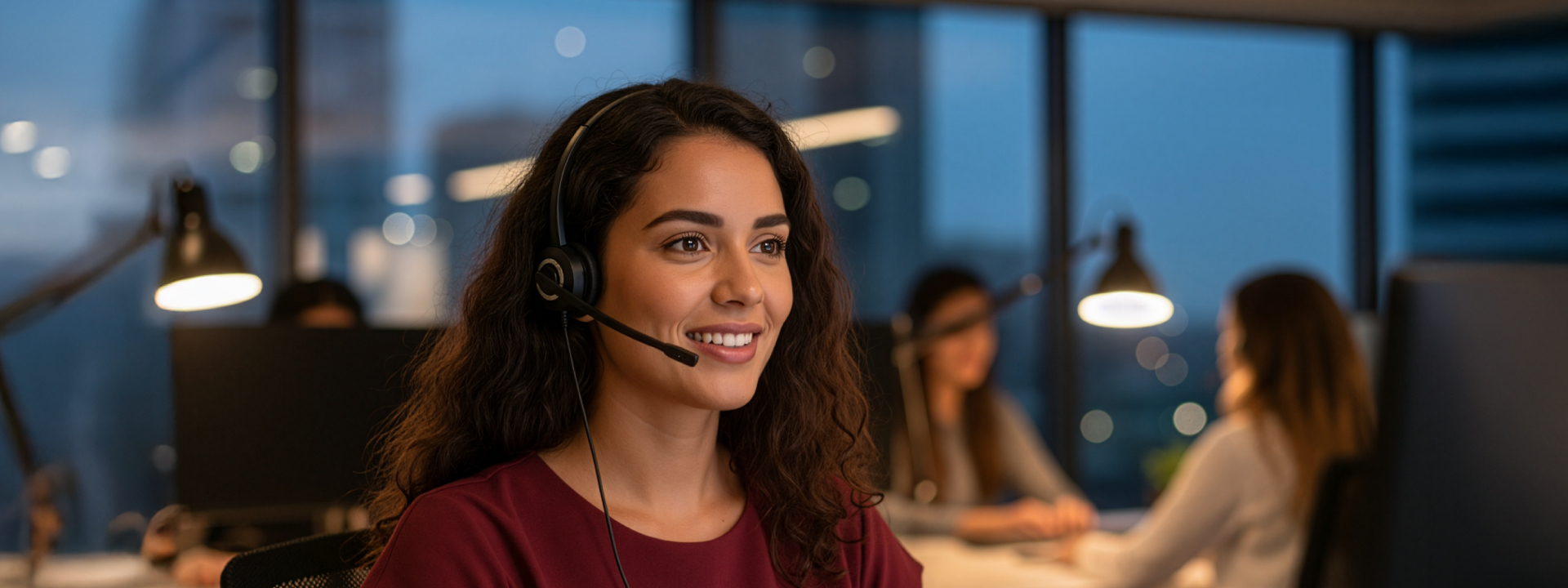 Female customer service representative wearing headset in modern call center office.