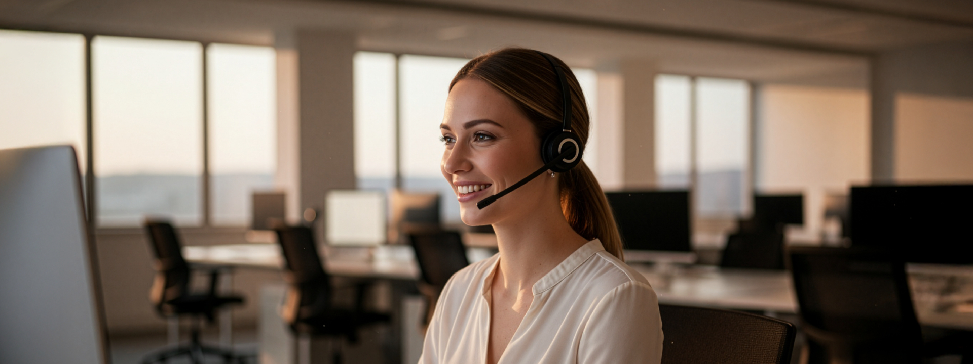 Female customer service representative wearing headset in modern call center office. Female customer service representative wearing headset in modern call center office.