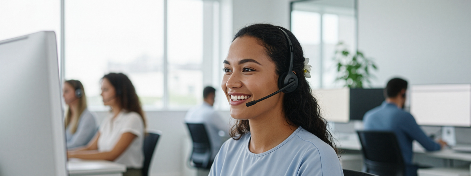 Female customer service representative wearing headset in modern call center office.