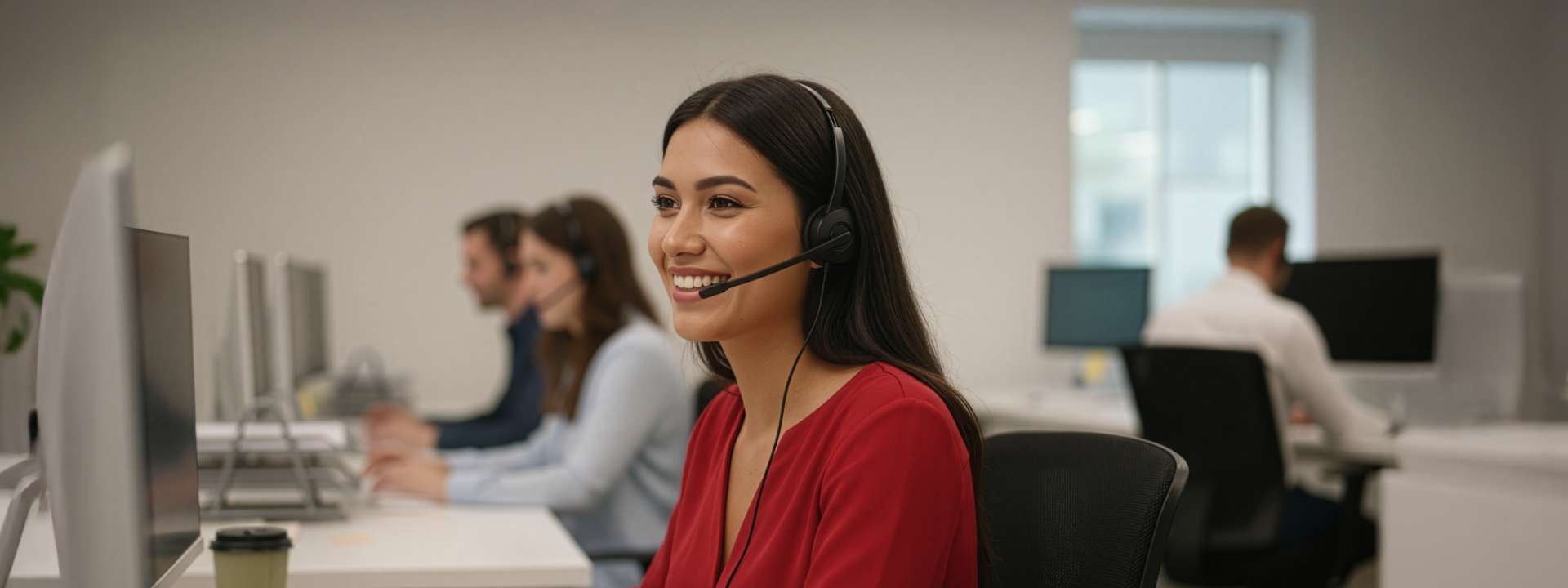 Female customer service representative wearing headset in modern call center office.