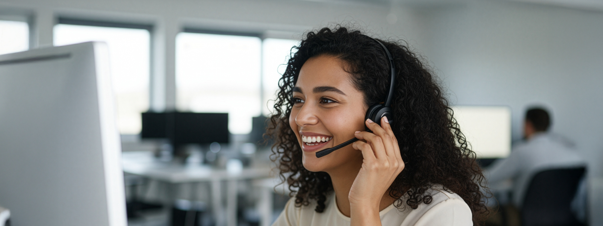 Female customer service representative wearing headset in modern call center office. Female customer service representative wearing headset in modern call center office.