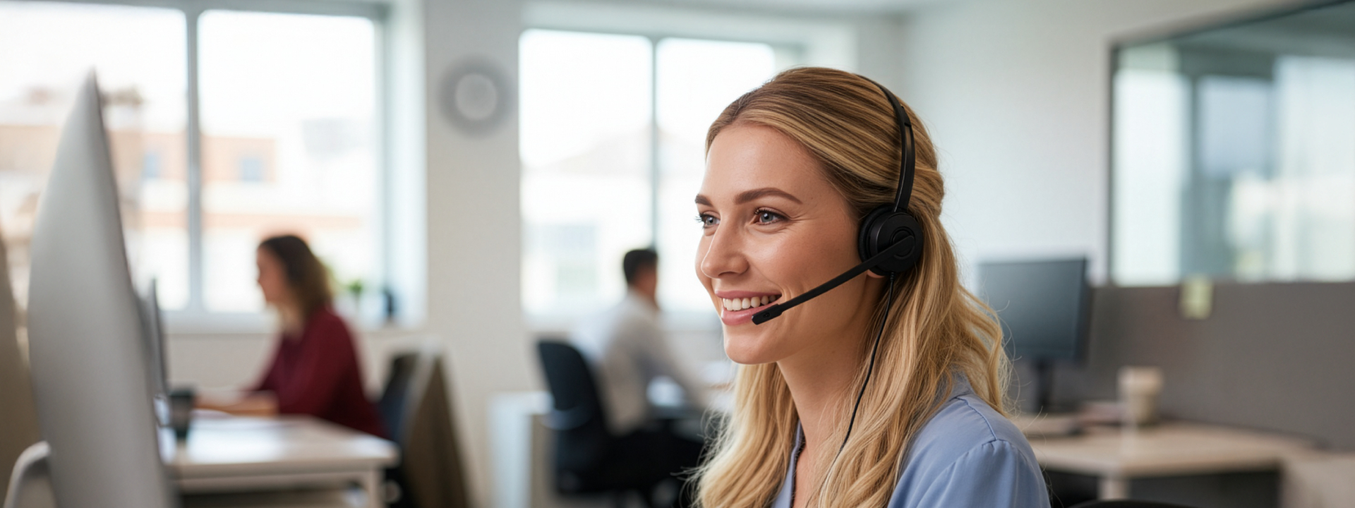 Female customer service representative wearing headset in modern call center office.