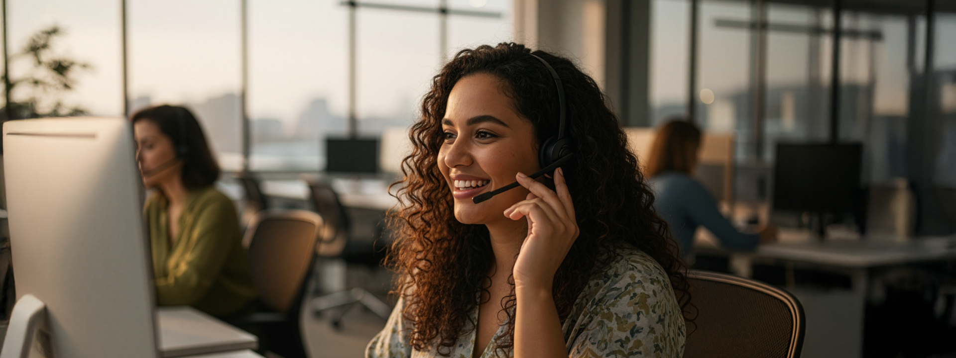 Female customer service representative wearing headset in modern call center office.