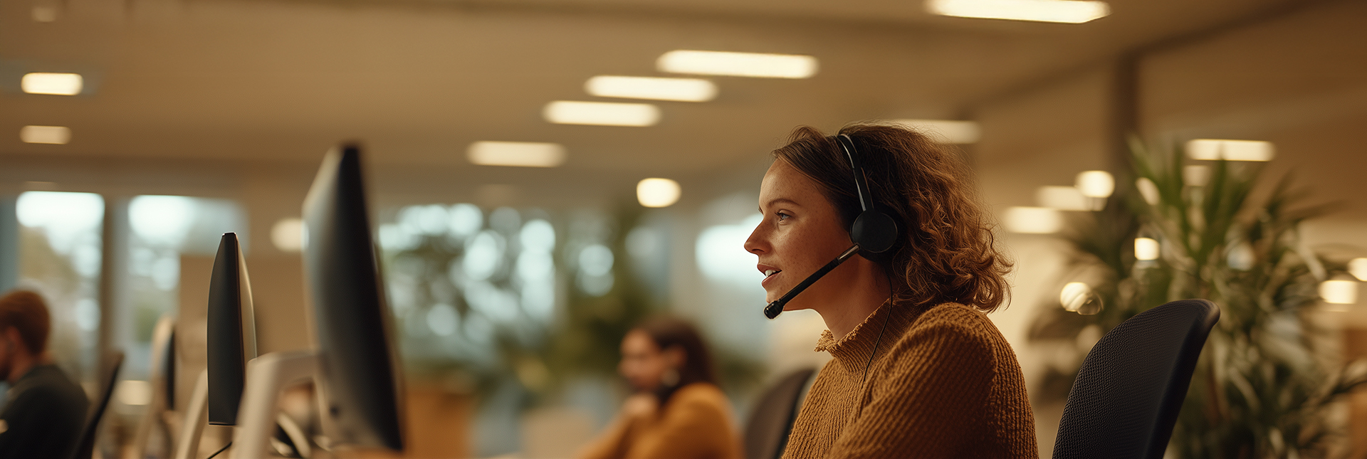 Female customer service representative wearing headset in modern call center office.